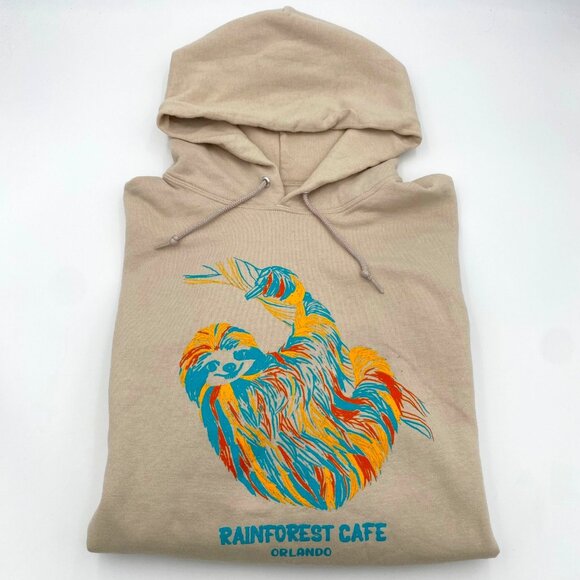 Rainforest Cafe Orlando Hooded Sweatshirt Sloth Print Size XL Beige Hoodie - Picture 1 of 6